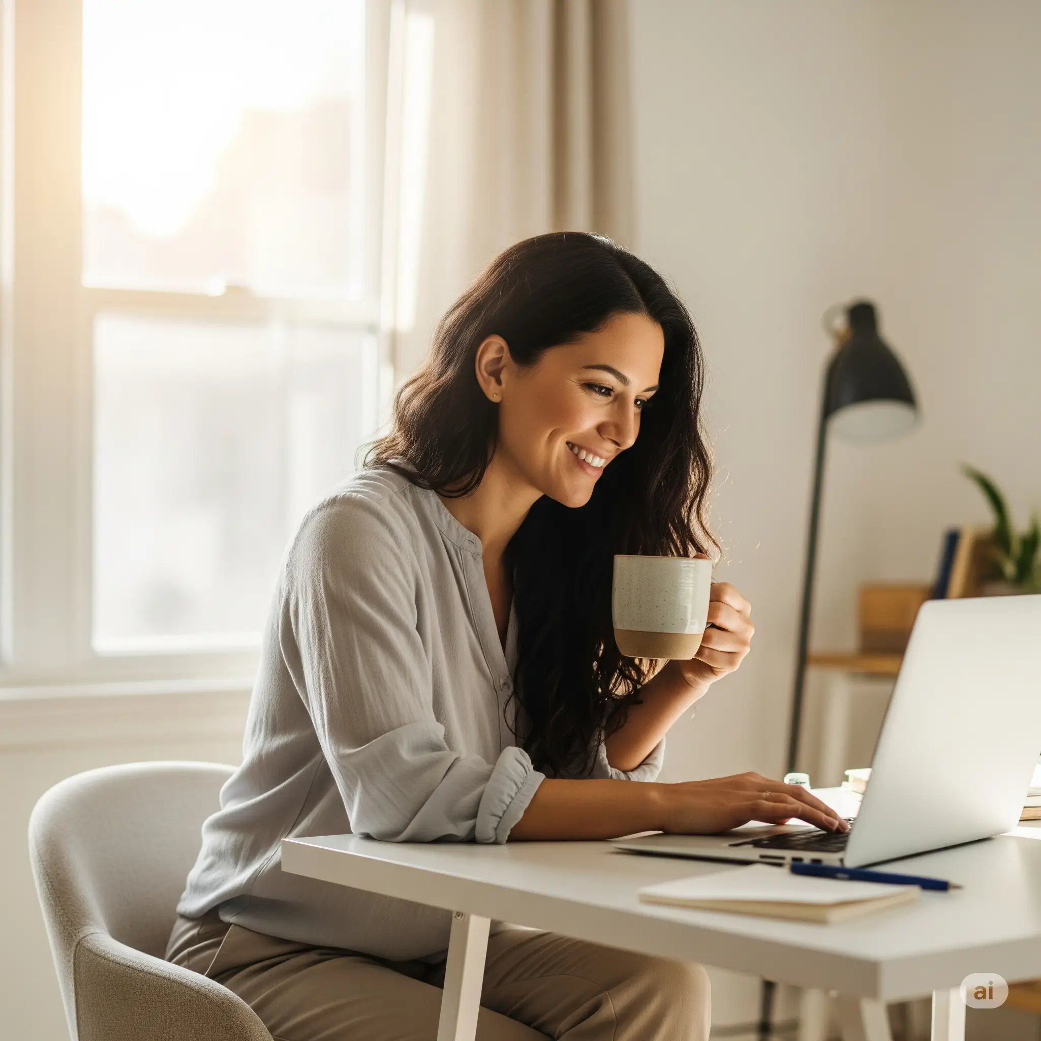 Pessoa sorrindo em casa com laptop, talvez com uma xícara na mão, representando liberdade e foco. Busca um caminho de independência financeira e valorização profissional