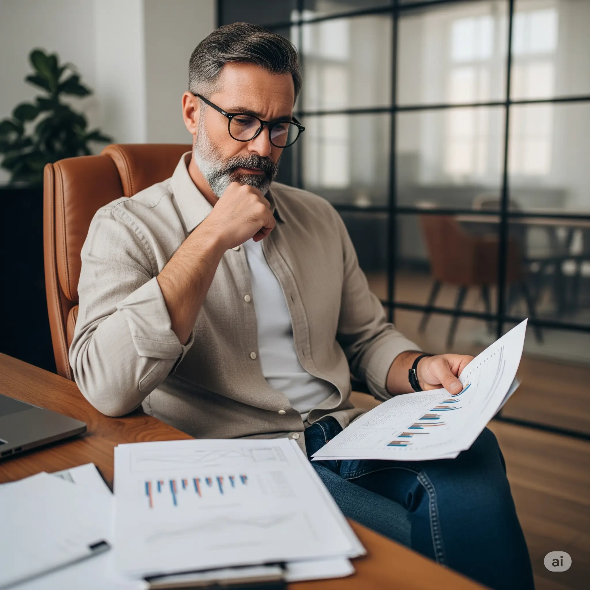 Pessoa vestida com roupa casual-profissional, olhando gráficos ou documentos, como se estivesse planejando algo próprio. Quer dar o primeiro passo no mercado de consultoria de forma segura